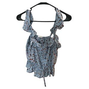 Women's Size Medium Floral Print Pleated Ruffle Tie Side Wrap Crop Top Blue